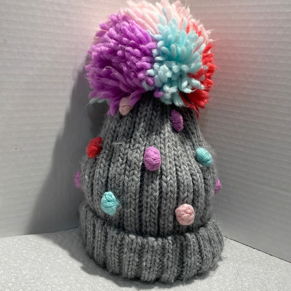 NWOT Girls Grey fleece lined winter hat with multi colored Pom Pom and balls